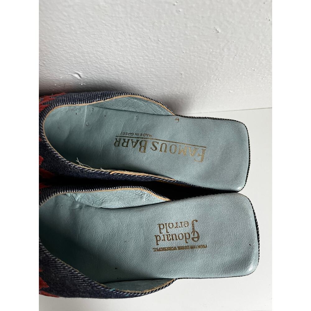 Vintage 60s Platform Mule Heels | Embroidered Denim Peep Toe | Mod Folk | Size 6 - Picture 9 of 10
